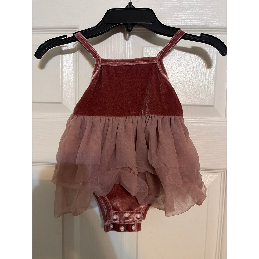 SHEIN Baby Girl Velvet Tulle Tutu Romper 9-12M Dusty Rose Mauve Ballerina
